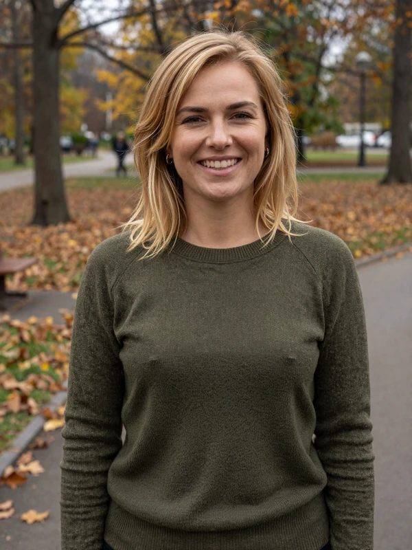 Honey blonde Polish woman in olive sweater smiling in an autumn park - example international dating profile