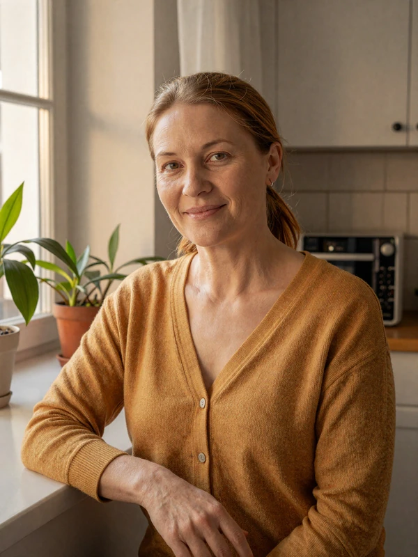 Auburn-haired Slavic woman in mustard cardigan smiling by a kitchen window - family oriented international profile preview