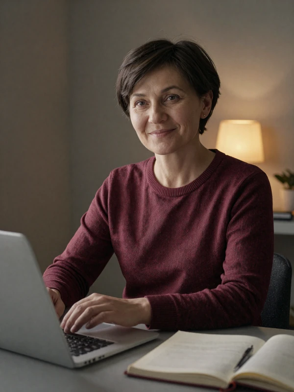 Mature Belarusian woman in burgundy sweater at a home desk with laptop - example credit-based dating profile