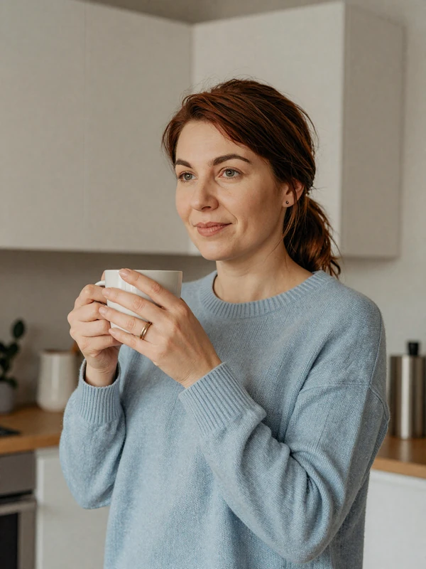 Ukrainian woman in blue knit sweater with coffee in a sunlit kitchen - mature international dating profile preview