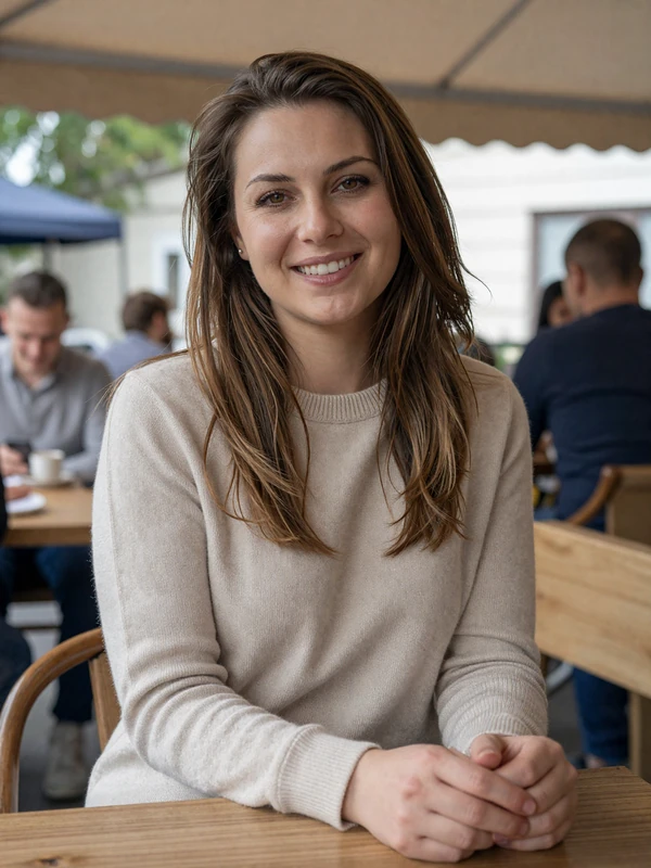 Smiling brunette Eastern European woman in cozy sweater at a cafe - example Nikadate profile