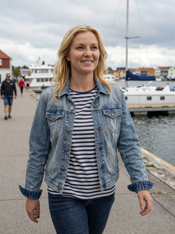 Blonde Scandinavian woman in denim jacket walking by a harbor - mature international dating example profile