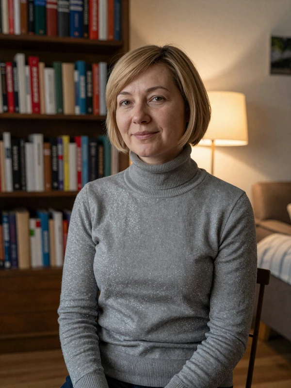 Blonde mature woman in gray turtleneck reading by a lamp - traditional international dating profile