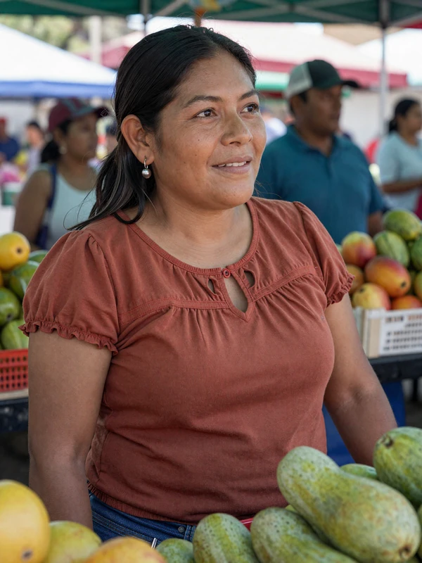 Mexican woman in rust blouse smiling at a sunlit farmers market - mature international dating profile preview