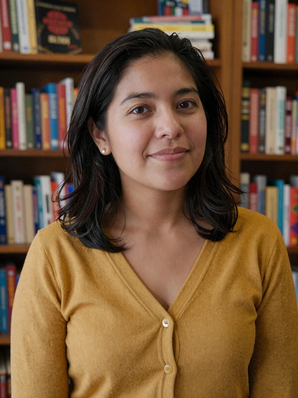 Colombian woman in mustard cardigan smiling in a bookstore - example Nikadate international profile