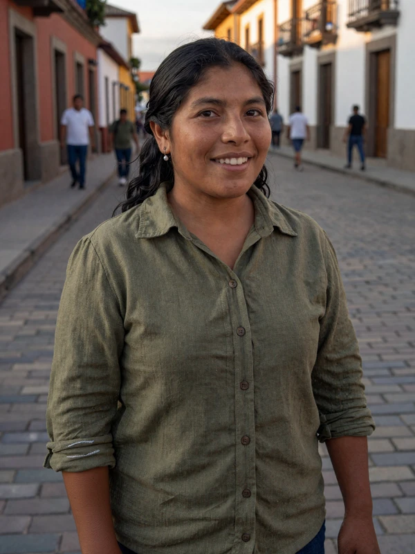 Peruvian woman in olive linen shirt smiling on a cobblestone street - international Nikadate profile preview
