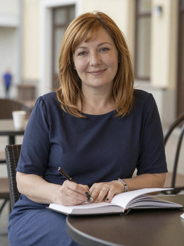 Auburn-haired Romanian woman in navy blouse at an outdoor cafe - mature international dating profile example