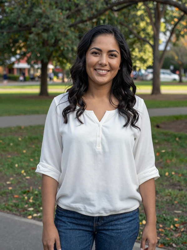 Latina woman with wavy black hair in casual blouse smiling in a sunny park - international dating profile preview