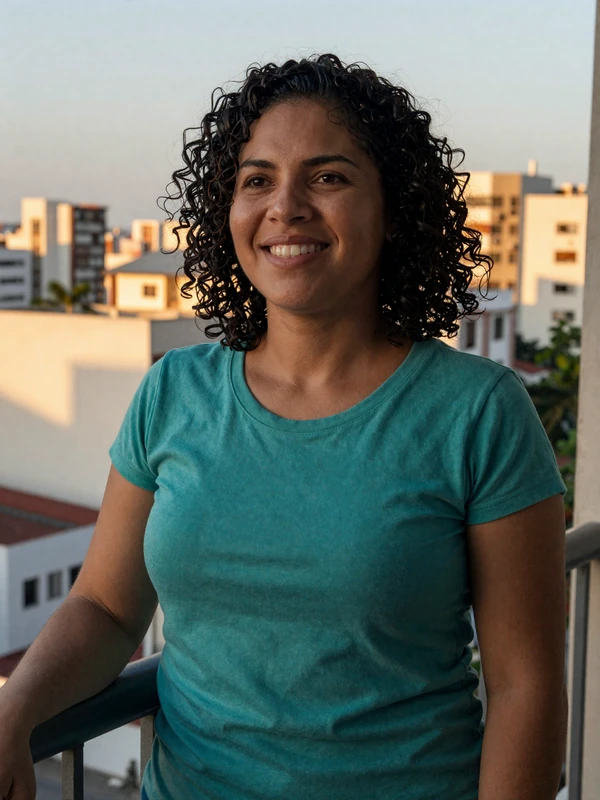 Brazilian woman with curly dark hair in teal t-shirt smiling on a city balcony at sunset - dating site member preview