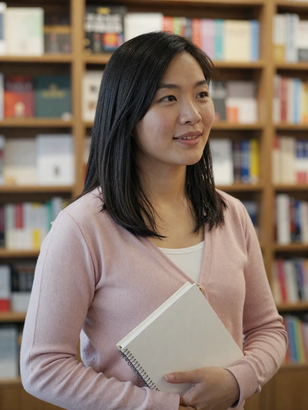 Asian woman with notebook in soft pink cardigan smiling inside a bookstore - example dating site profile