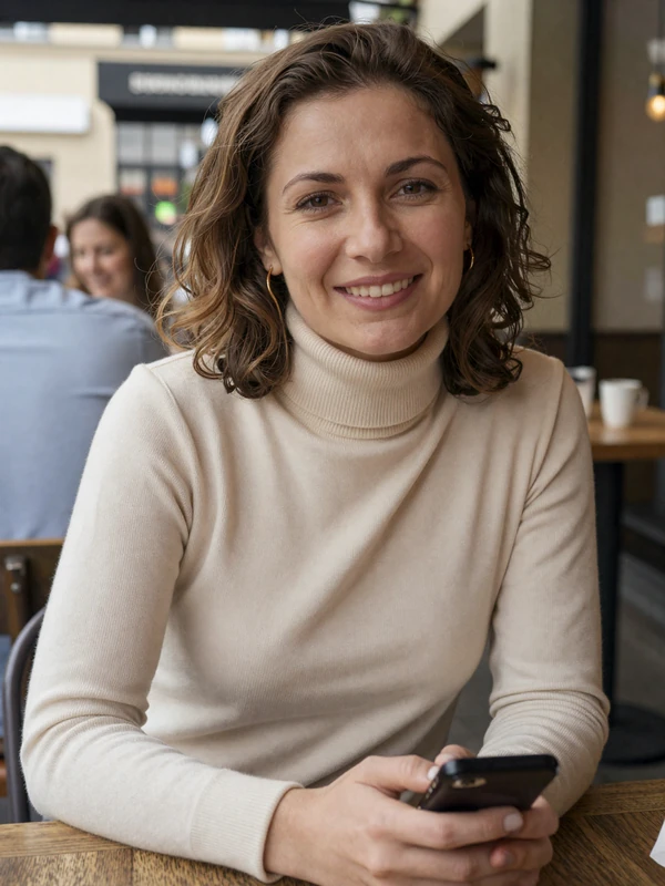 Brunette Czech woman in cream turtleneck smiling at a coffee shop - international Nikadate profile preview