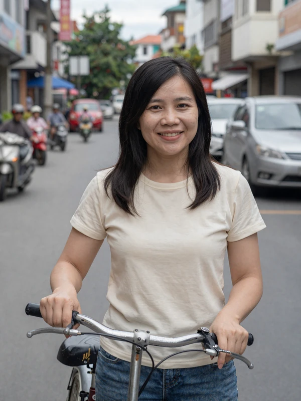 Vietnamese woman in cream t-shirt holding a bicycle on a quiet street - example international dating site profile
